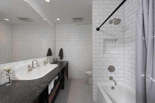 BOWA design build row home renovation in Washington, DC Guest Bathroom with Subway Tile