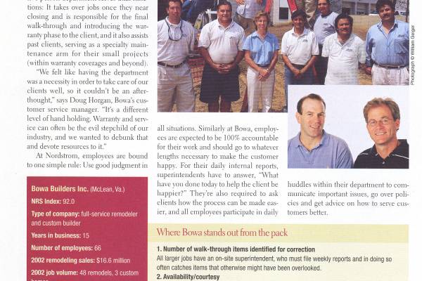 BOWA Feature on Customer Service - Professional Remodeler 2003