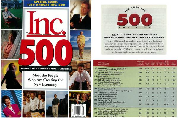 BOWA Makes Inc. 500 List of Fastest Growing Companies 1994