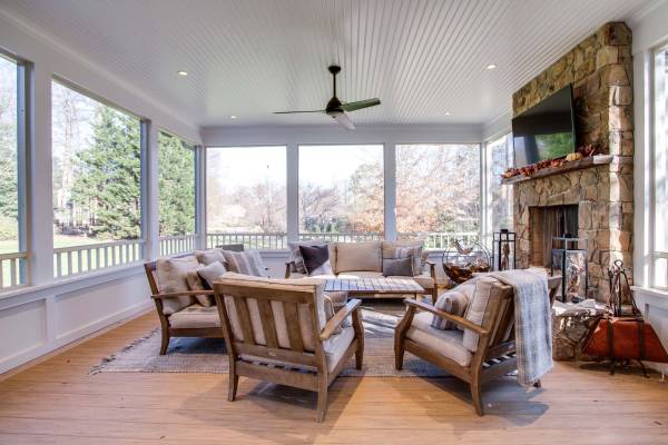 Screened Porch Addition with Fireplace and Patio in Great Falls